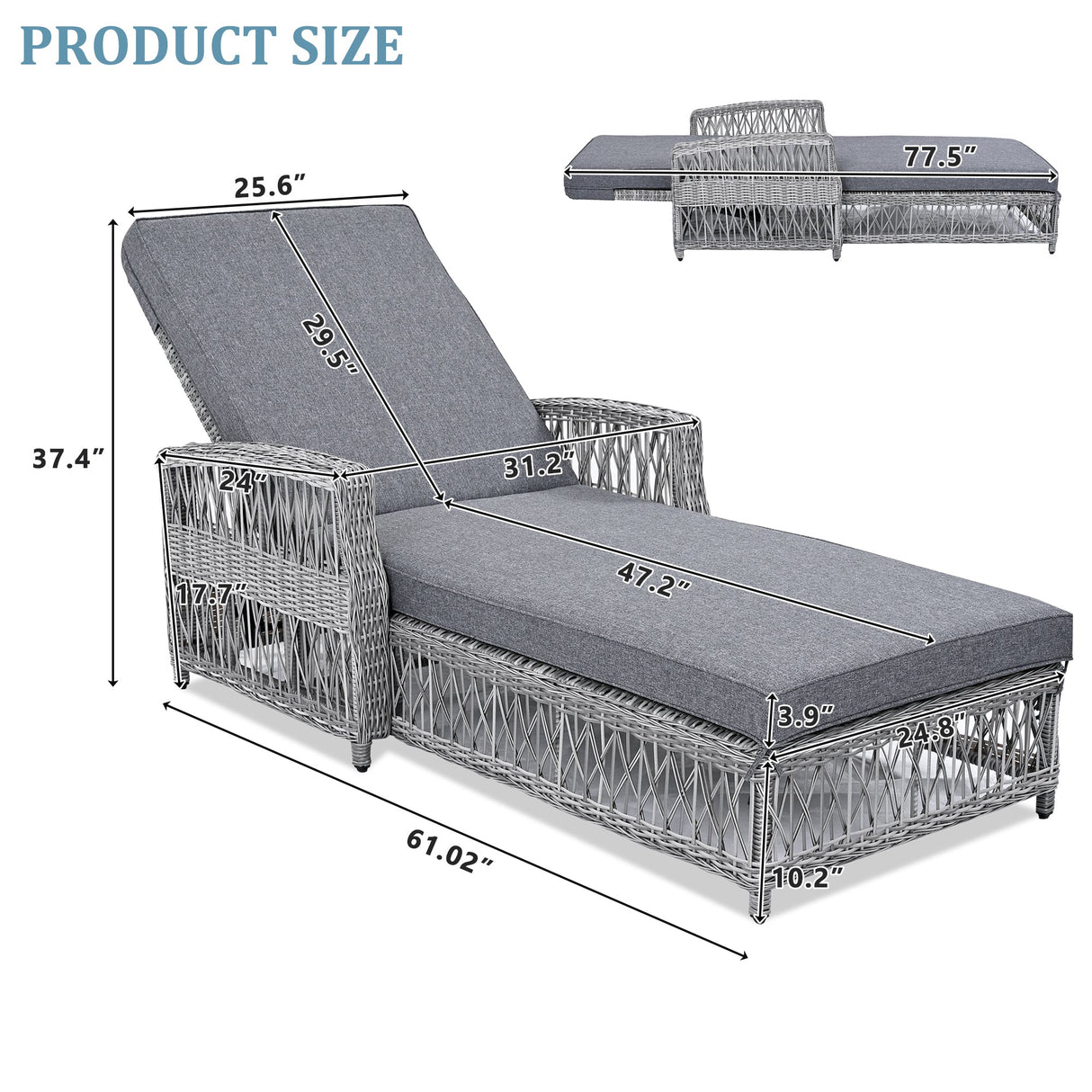 GO Outdoor Long Reclining Chaise with Armrests and Cushions