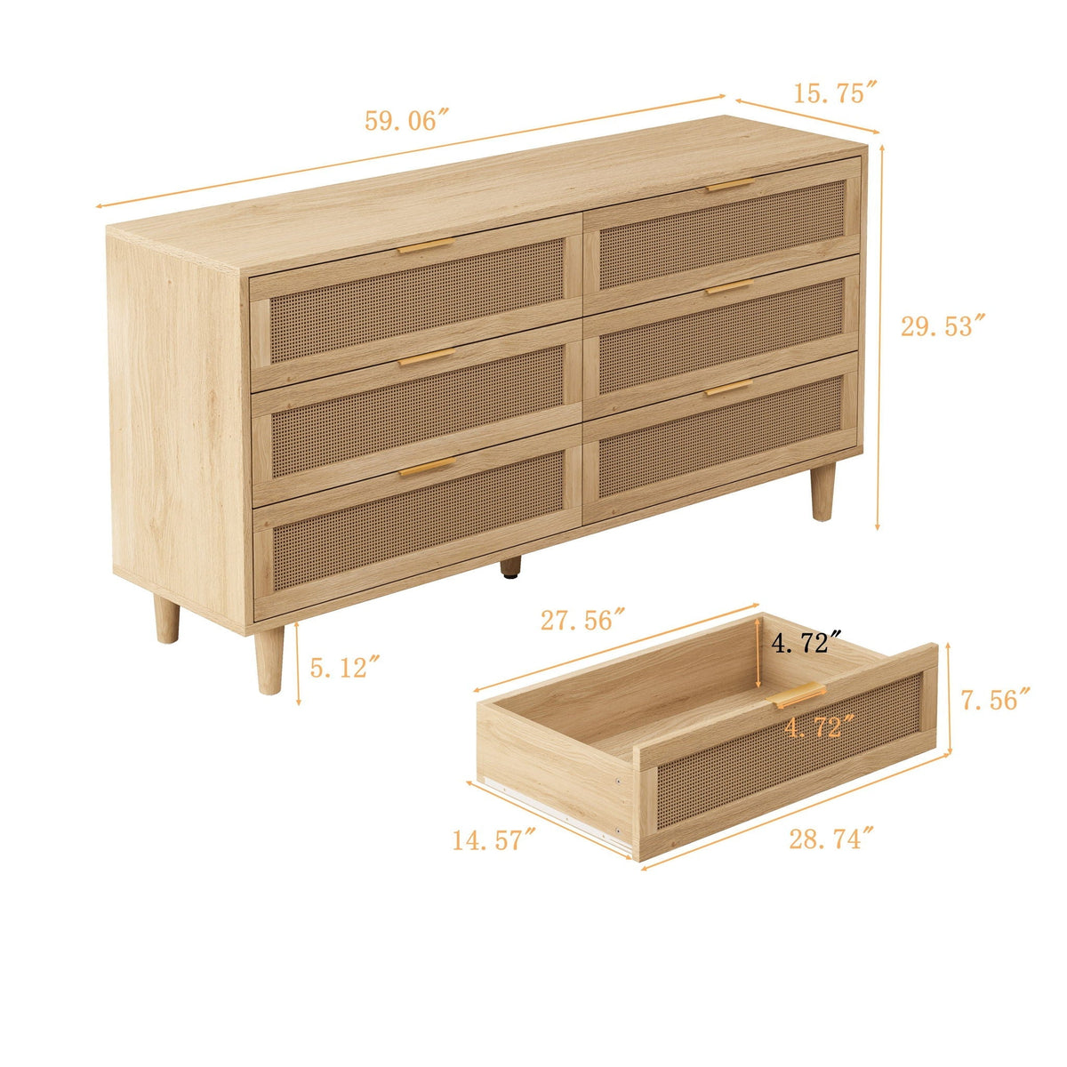 6 Drawer Storage Cabinet with Modern Rattan Drawers - Light Brown, Black, or White