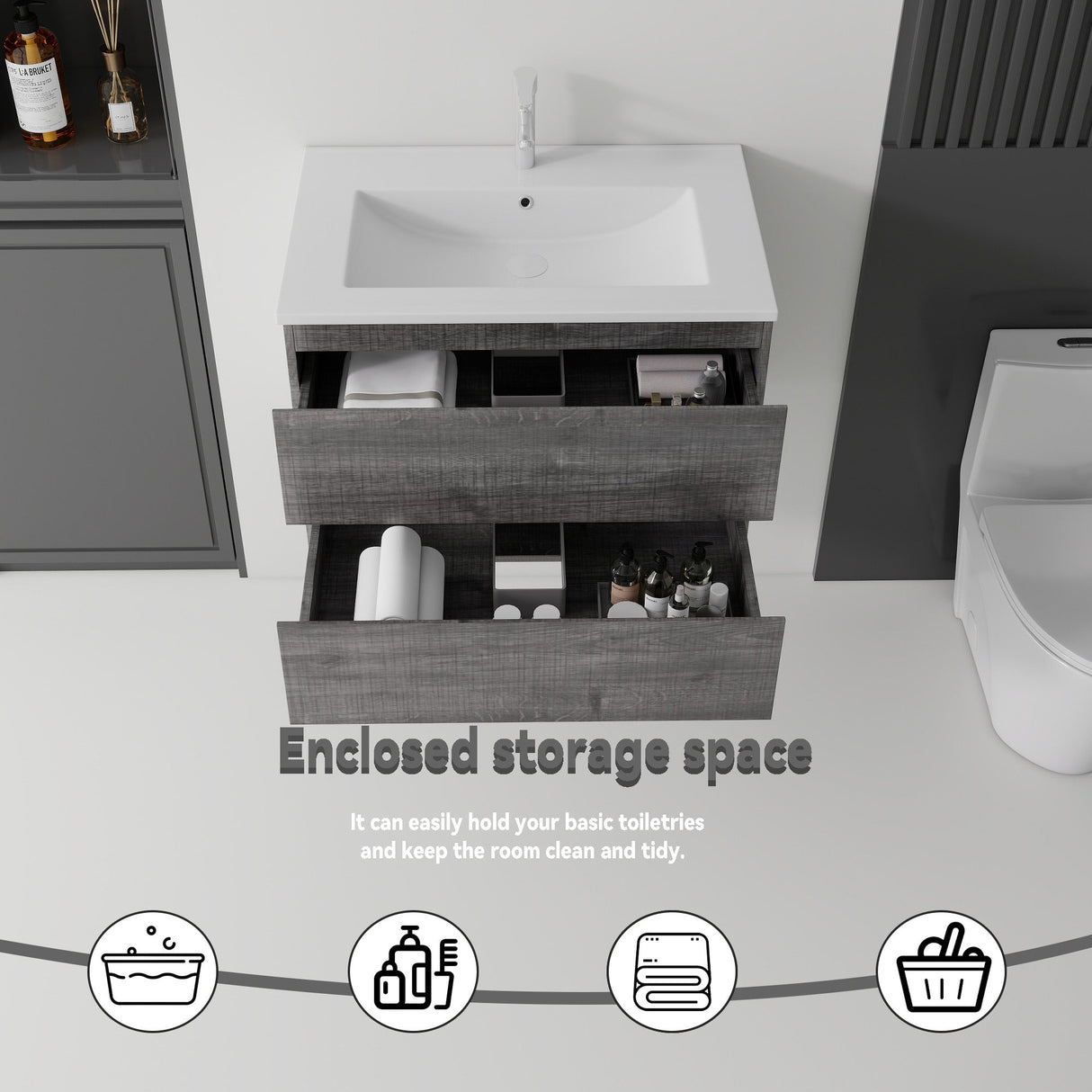24 Inch Floating Bathroom Vanity with Sink, Soft-Close Drawer, Ceramic Sink, Plywood