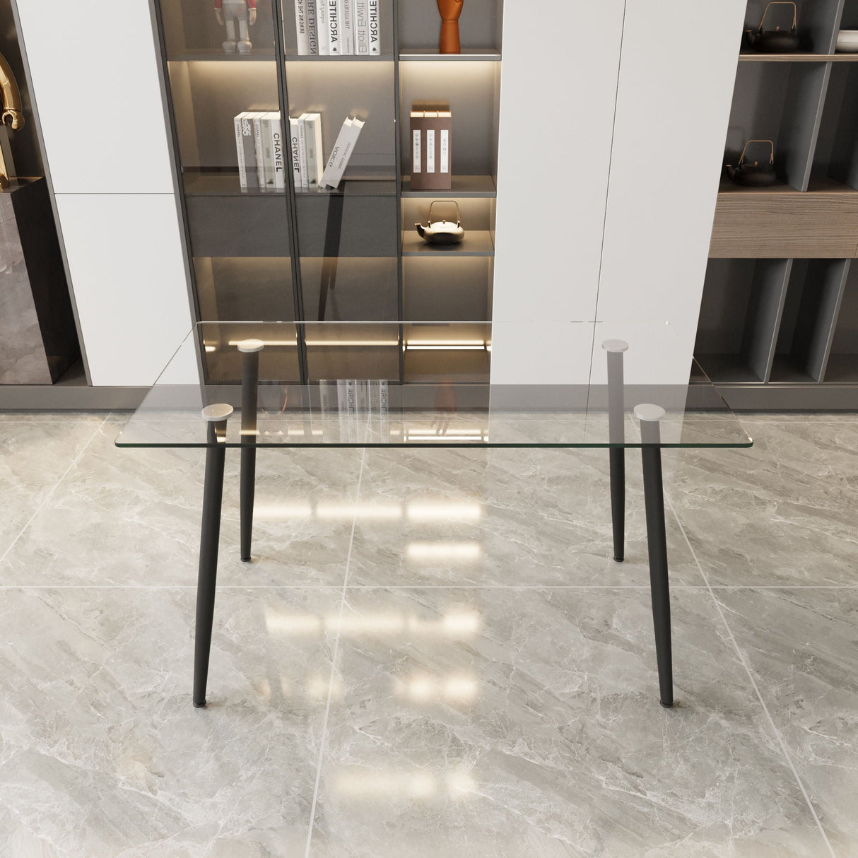 Modern Minimalist Rectangular Glass Dining Table With Tempered Glass Top Metal Legs, For 4 - 6 - Transparent