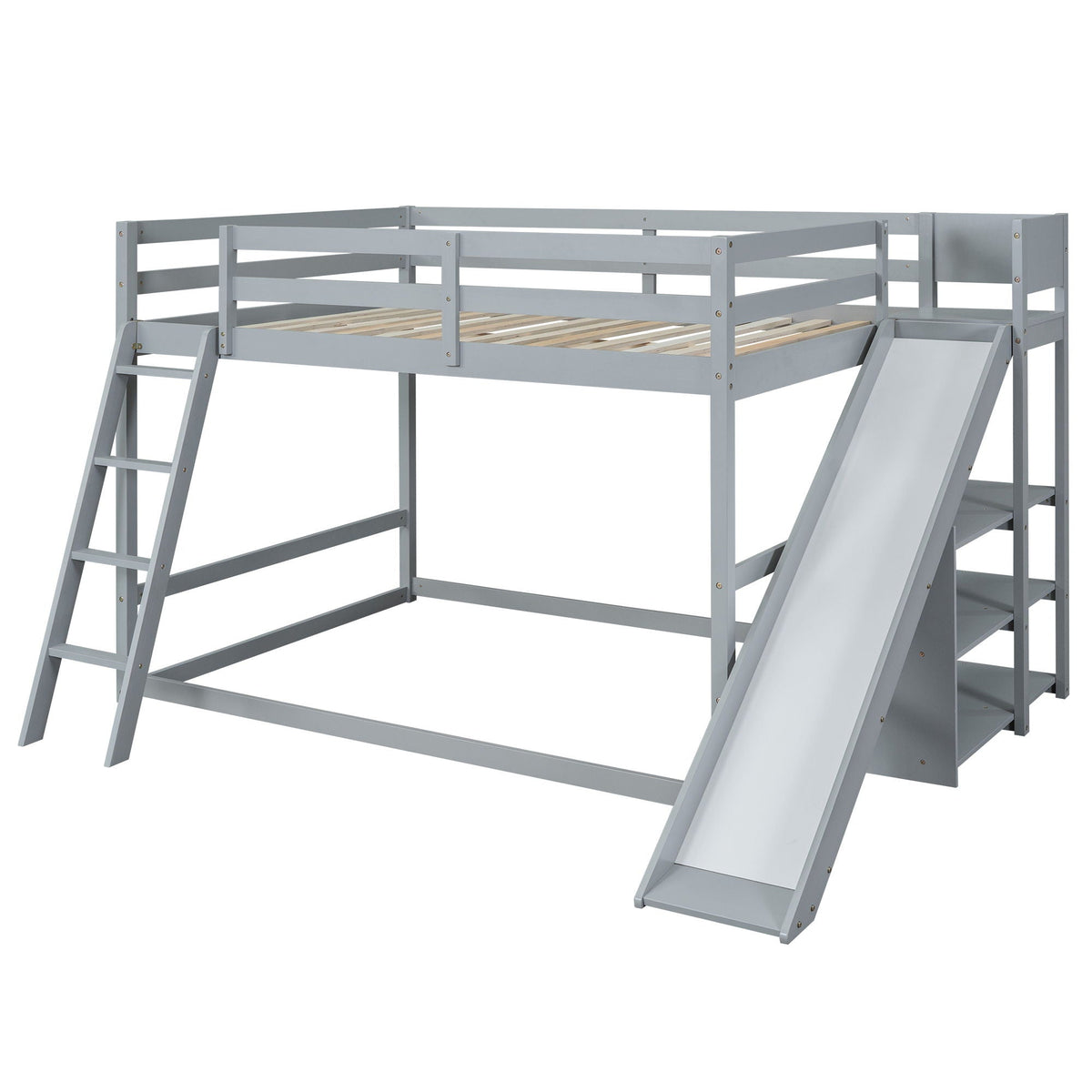 Bunk Bed With Ladder, Slide, And Shelves Pine Wood