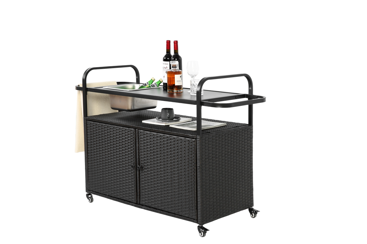 Outdoor Bar Table with Wicker Bar Cart and Steel Top