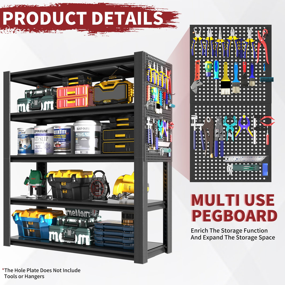 72"H 5-Tier Adjustable Heavy-Duty Shelving with Pegboard