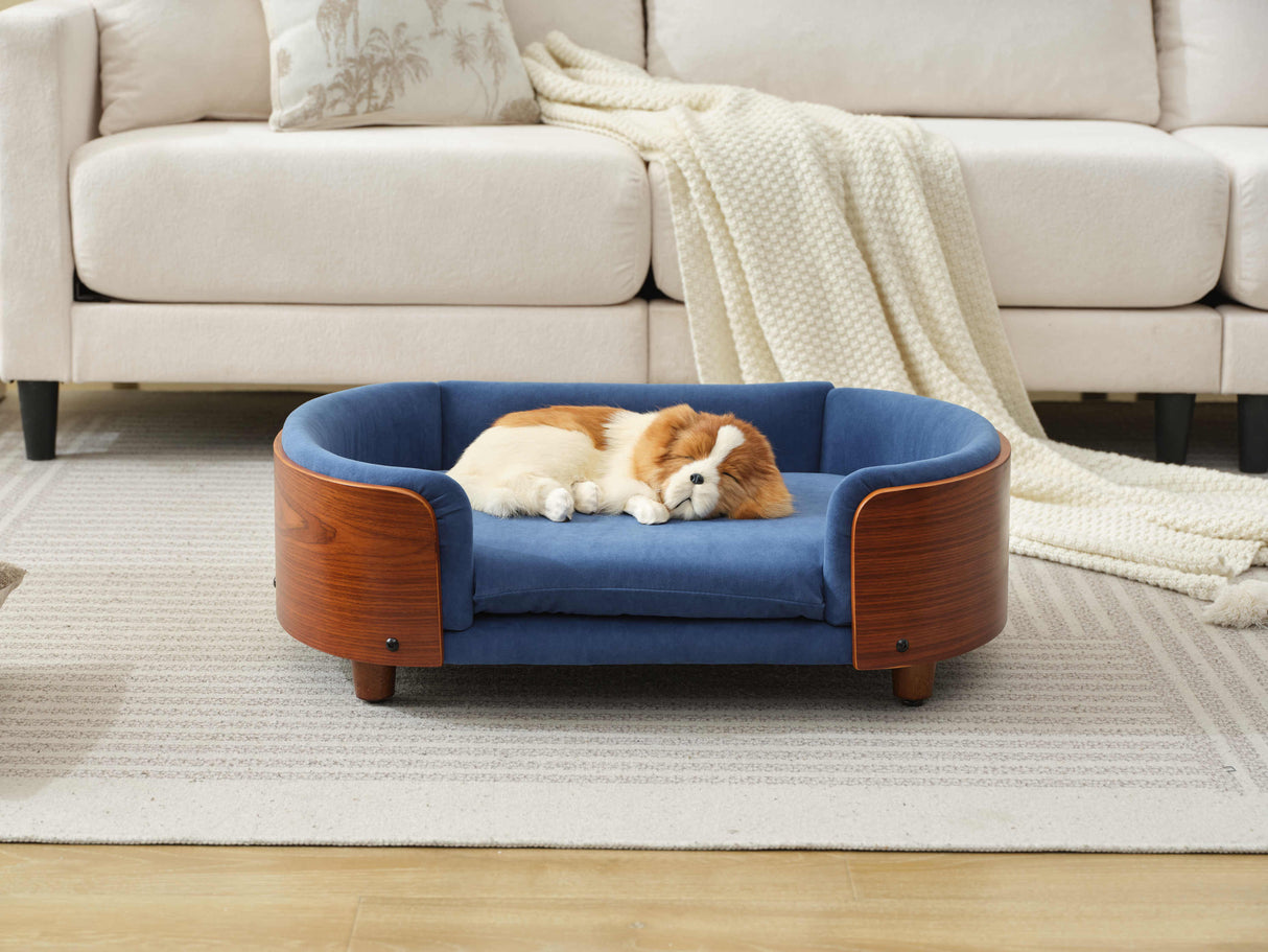 Scandinavian Style Elevated Dog Bed Mid Size Dark Blue Velvet
