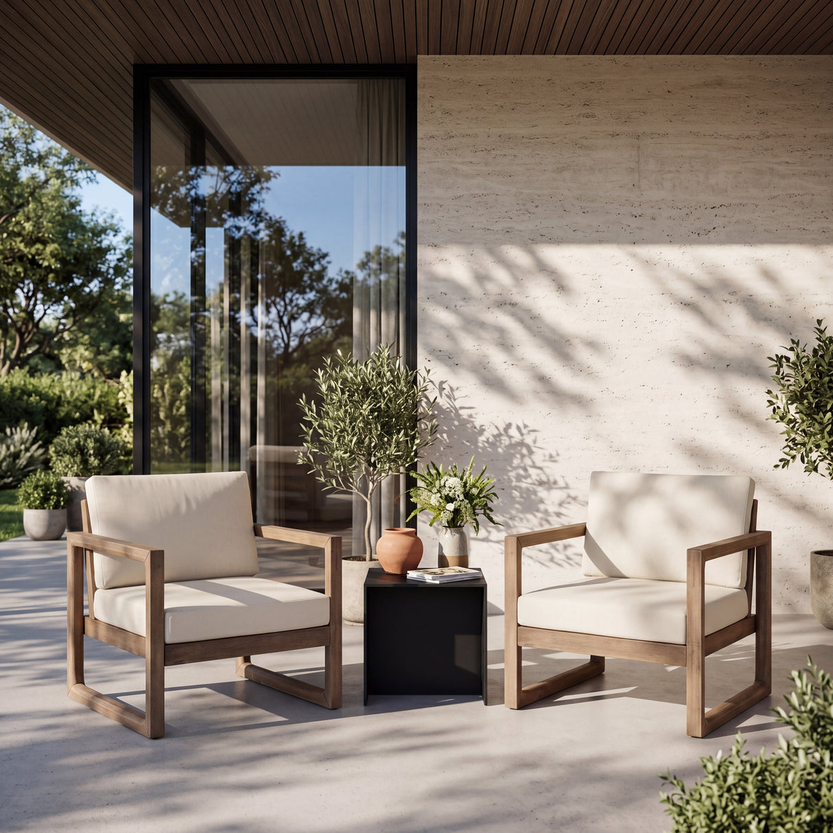 Set of 2 Outdoor Acacia Wood Patio Club Chair