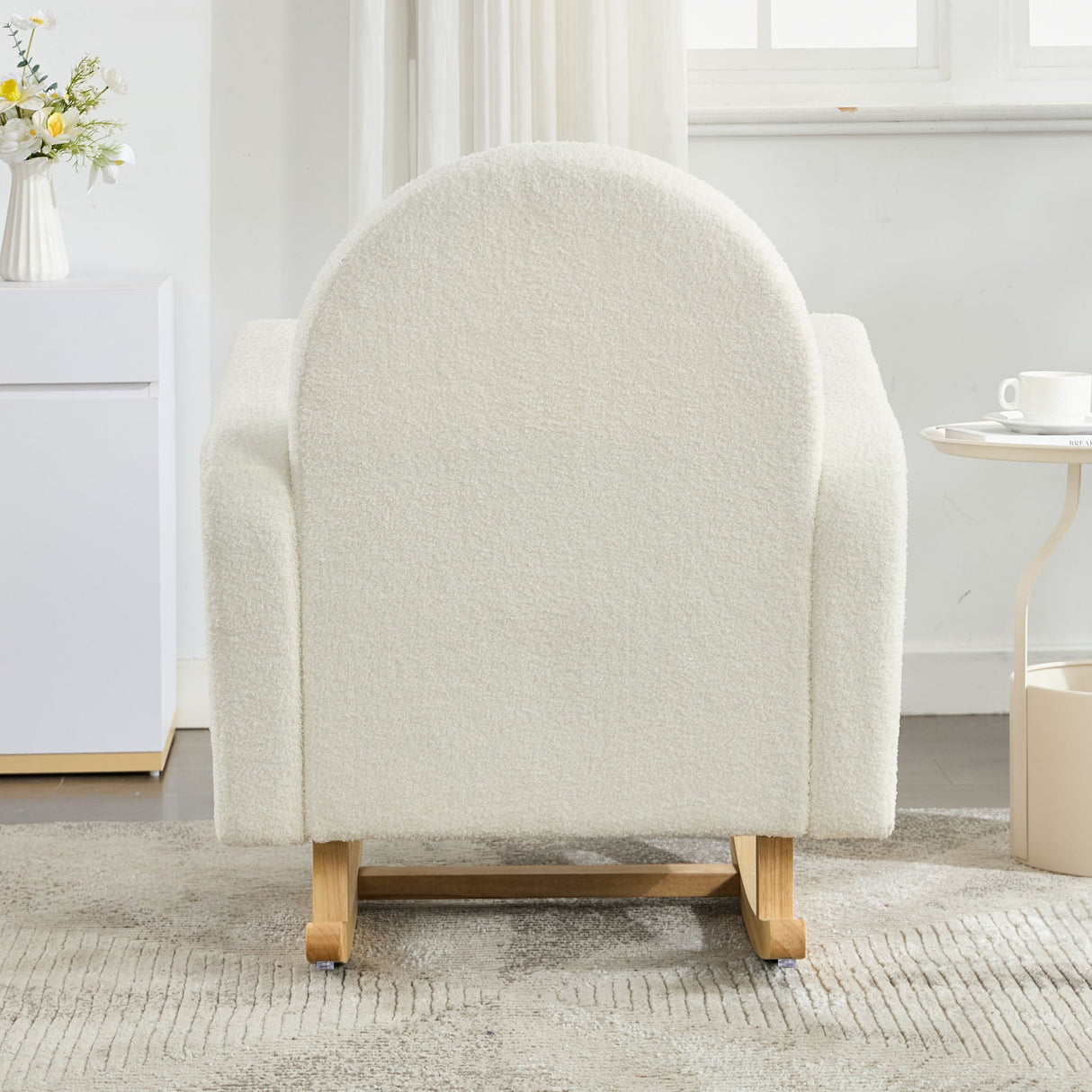 Accent Rocking Chair With Curved Back & Pillow, Base, Ultimate Comfort For Living Room Or Nursery - Cream White
