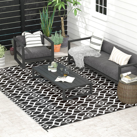 Reversible-outdoor-rug,-9'-x-12'-waterproof-plastic-straw-floor-mat,--black-&-white-clover-Outdoor-Rugs