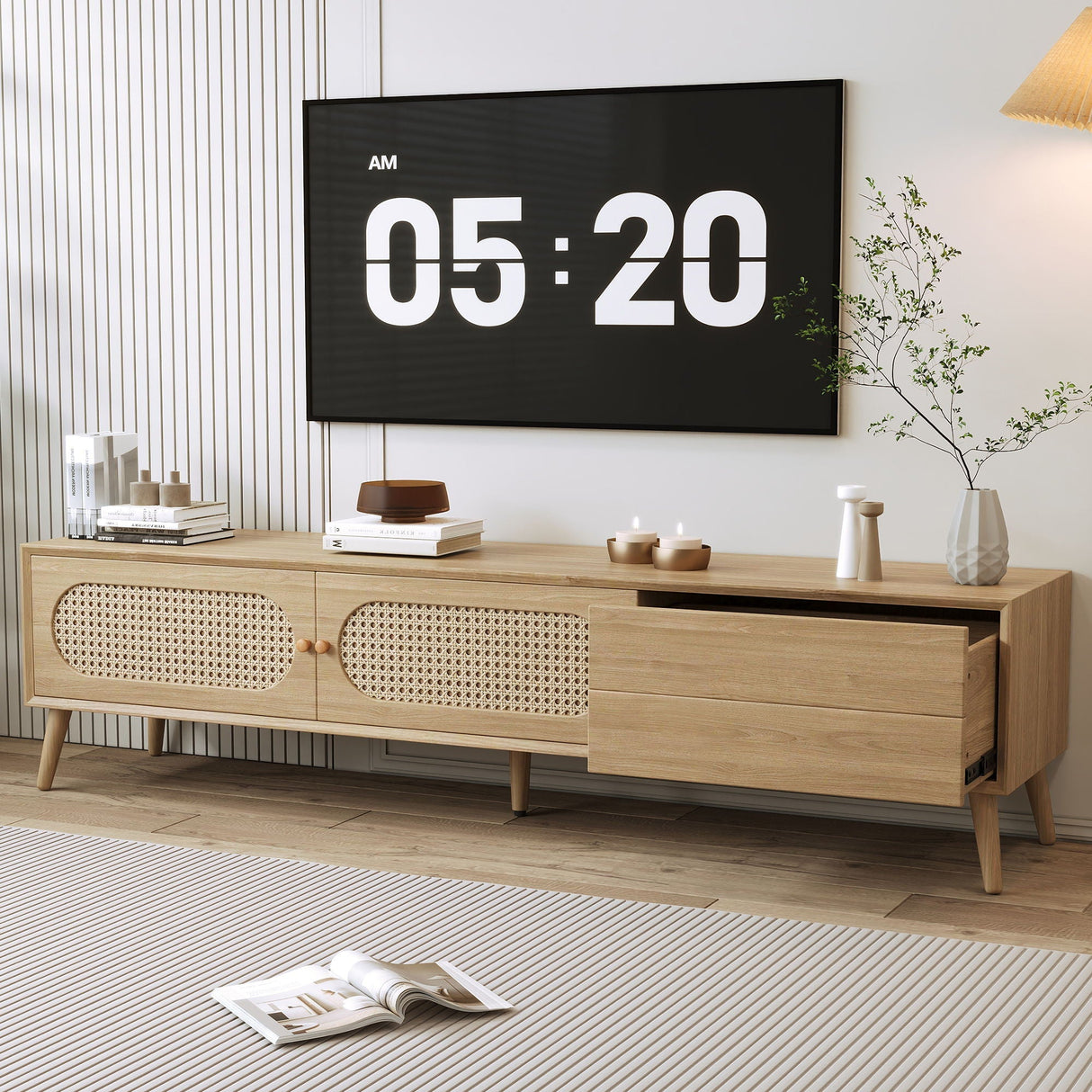 TV Stand For TVs Up To 80" - Natural Wood Media Console Cabinet