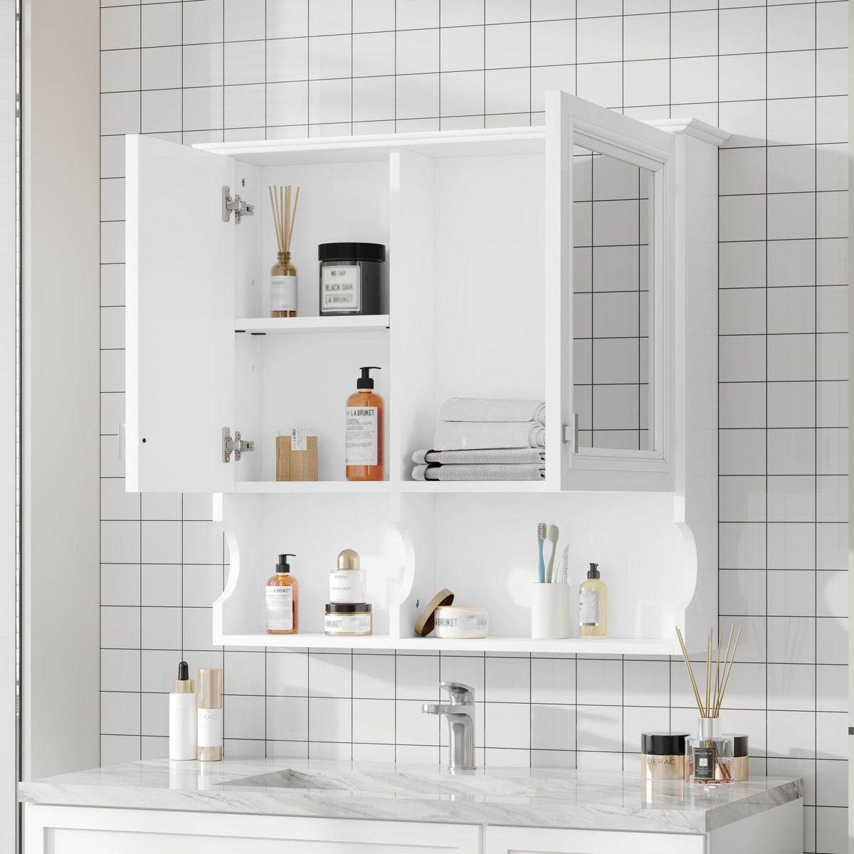 Wall Mounted Mirror Medicine Cabinet with Soft-Close Doors and Open Shelves - Black or White