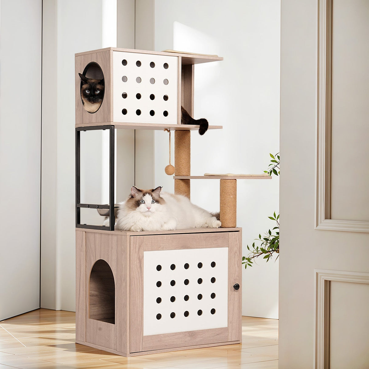 Cat Tree with Litter Box Enclosure and Large Hammock