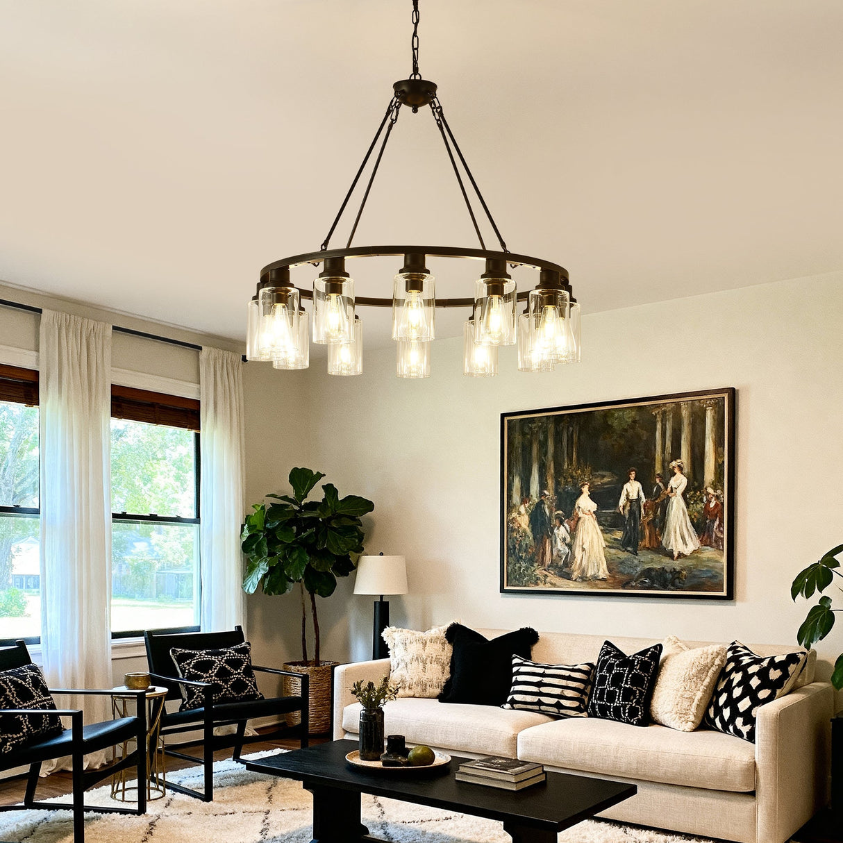 Black Wagon Wheel Chandelier 31.5 Inch Modern Farmhouse Glass Pendant Light 12-Light Ceiling Hanging Lighting Fixtures for Living Room Dining Room Kitchen Island Foyer--NO INCLUDED BULBS