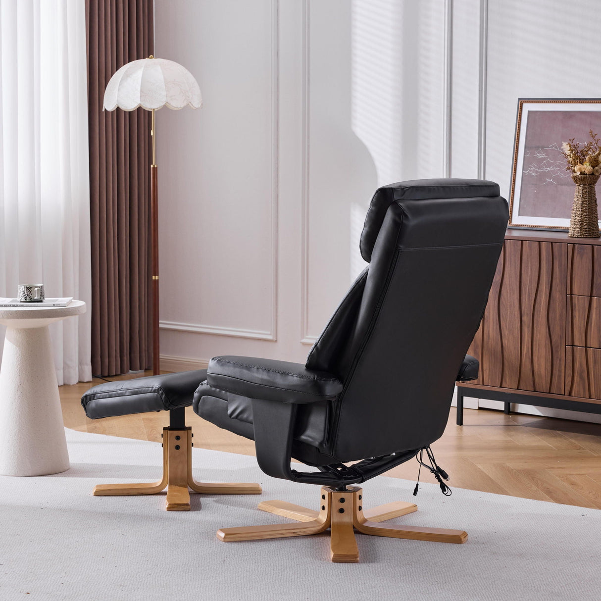 Massage Recliner With Ottoman, 360° Swivel, Heat & Vibration - Black Pu