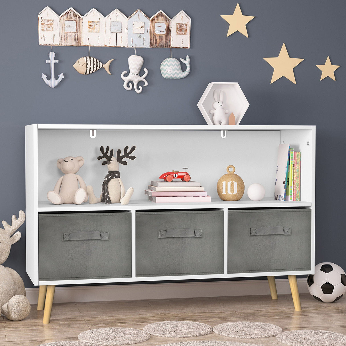 Bookcase With Collapsible Drawers, Book Display Organizer