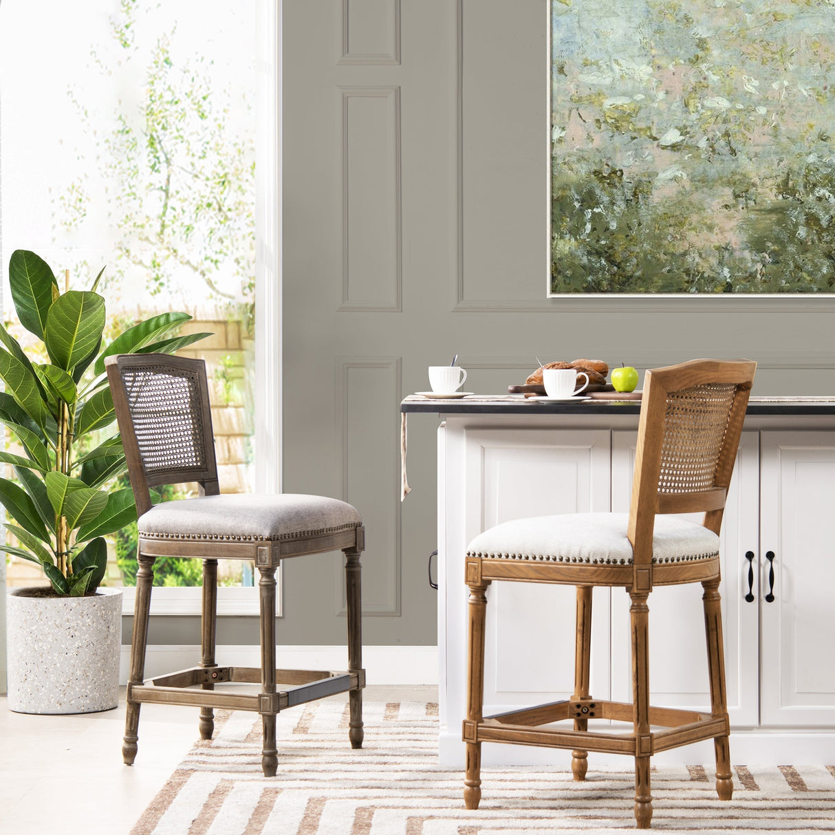 Armless Bar Stool with Nailhead Trim and Rattan High Back