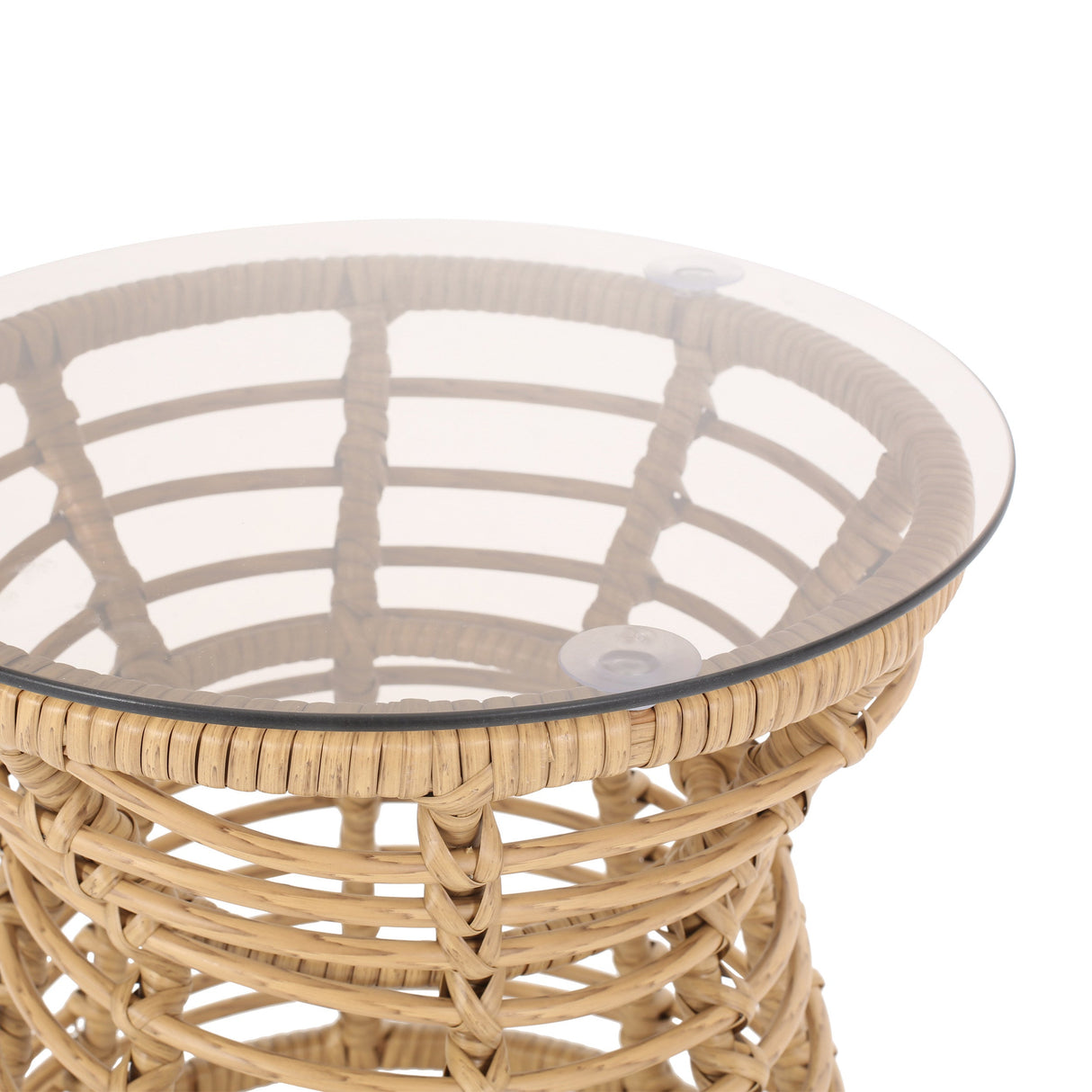 San Pedro Boho Style Side Table with Tempered Glass Top in Light Brown Rattan