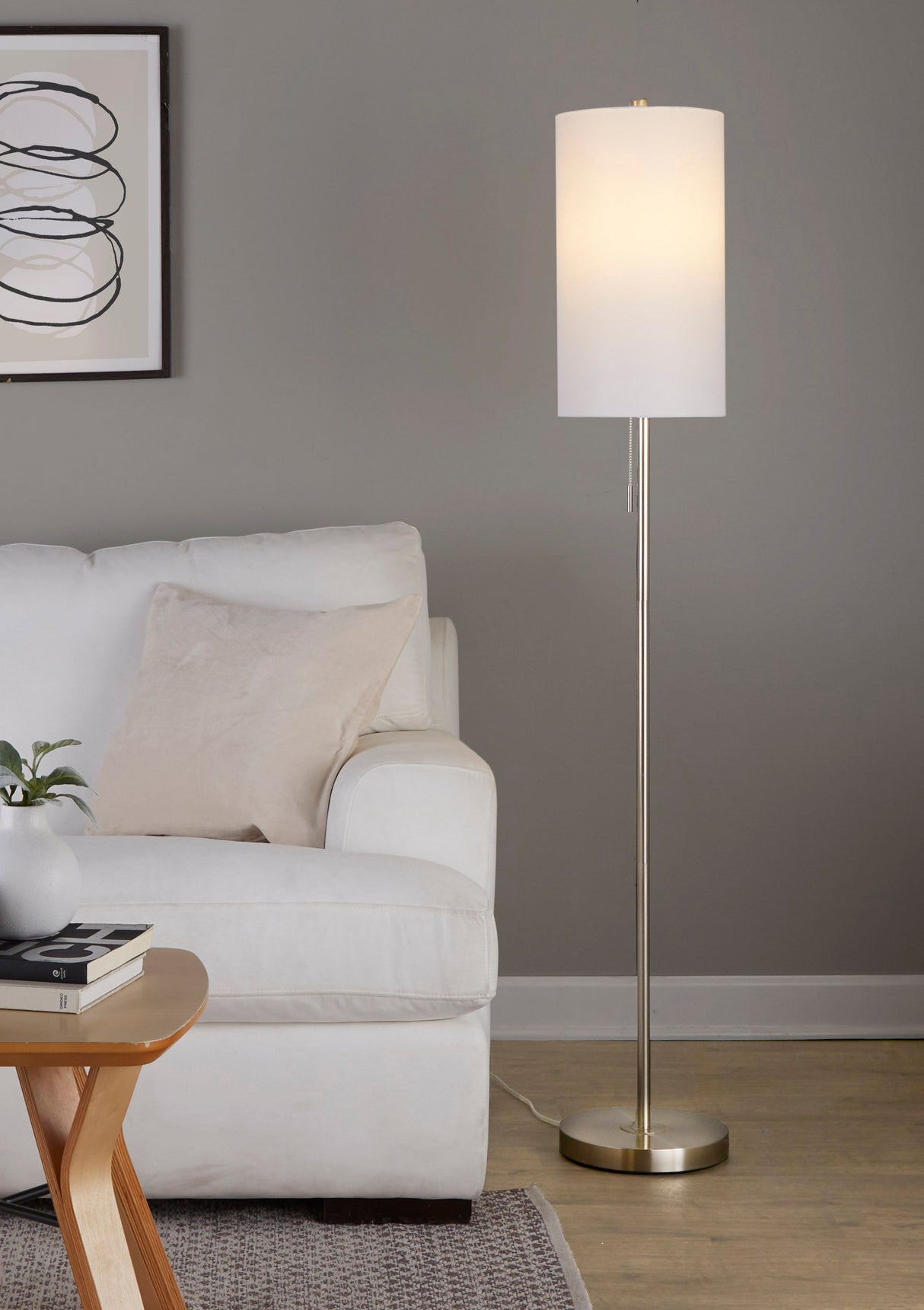 Bounty 62' Contemporary Metal Floor Lamp in Brushed Nickel with Linen Shade