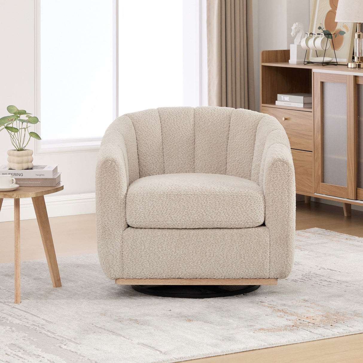 Swivel Upholstered Barrel Chair With Metal Base