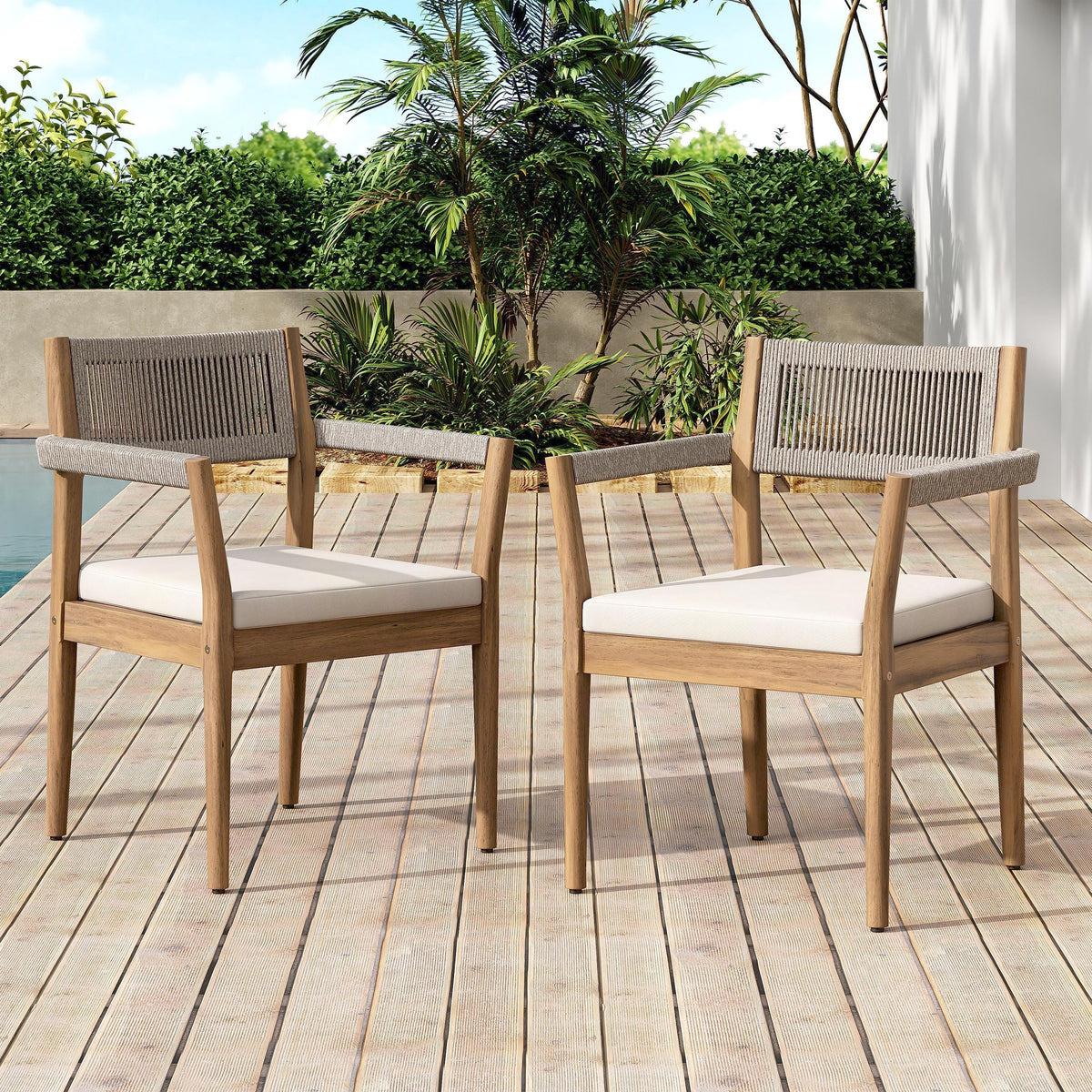 Braided Acacia Wood Outdoor Dining Chairs Set of 4 β Teak Look with Beige Rope & Cream Cushions