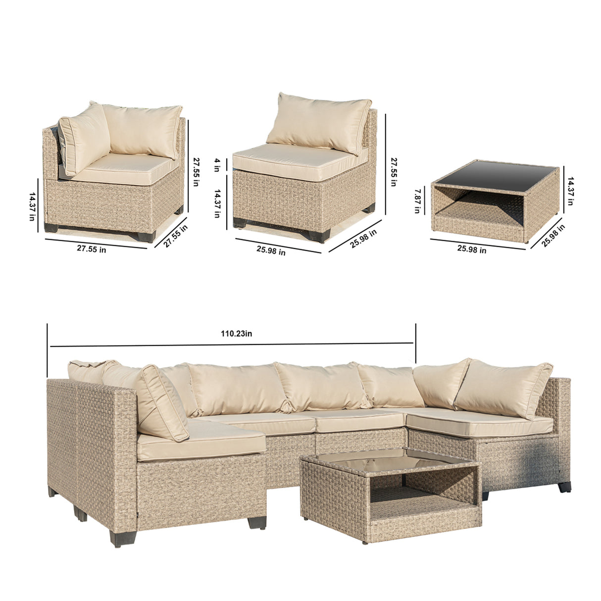 7-piece patio furniture set, all-weather boho outdoor conversation set sectional sofa with water resistant fabric