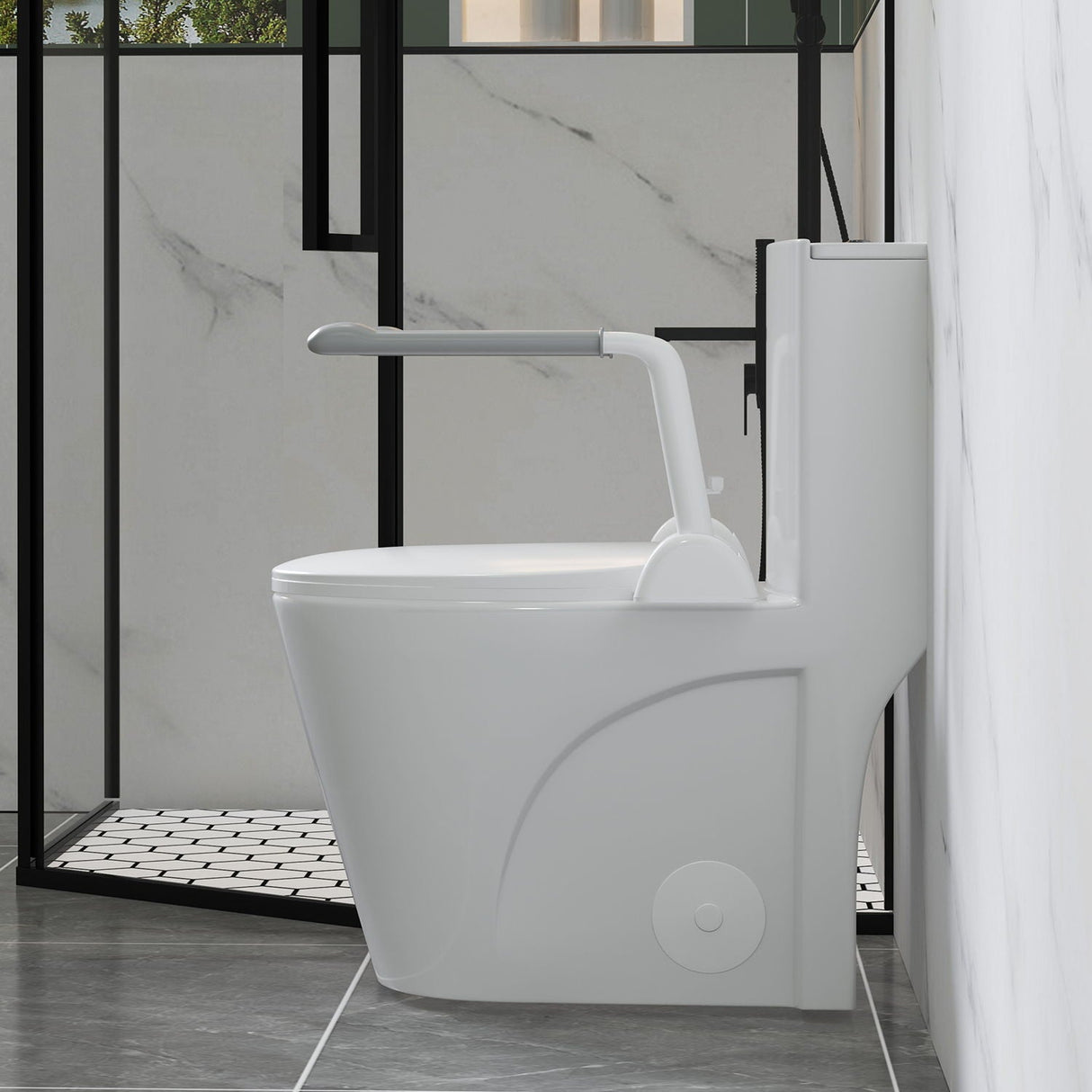 Upgraded Design Armrest, With Glossy Gw 007 1 Piece Toilet With Tornado Flush, Soft Close Seat, Dual Flush Map 1000G, Comfort Chair Seat - Gloss White