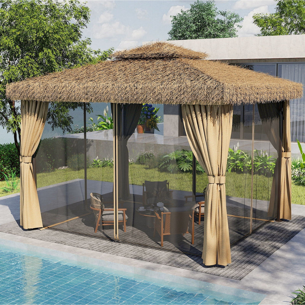 Outdoor Patio Gazebo With Double Canopy, Mosquito Net & Privacy Curtain - Brown