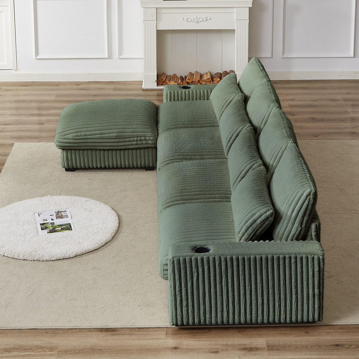 126-Inch Corduroy With Cup Holder Super Large L-Shaped Sofa