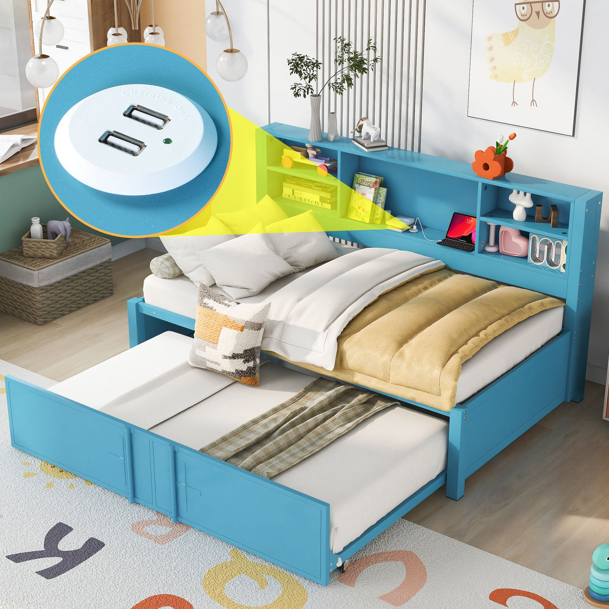 Industrial Metal Daybed With Trundle, Storage Shelves, USB Ports