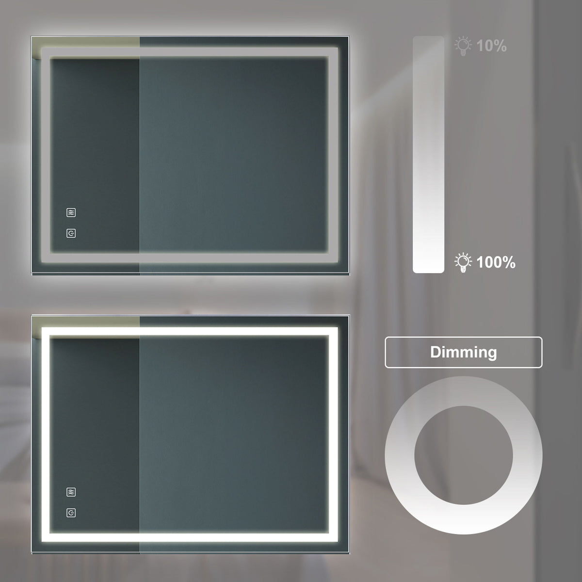 Bathroom Vanity Rectangle Mirror With Front Lighting, Anti Fog, Dimmable, Smart Memory Function
