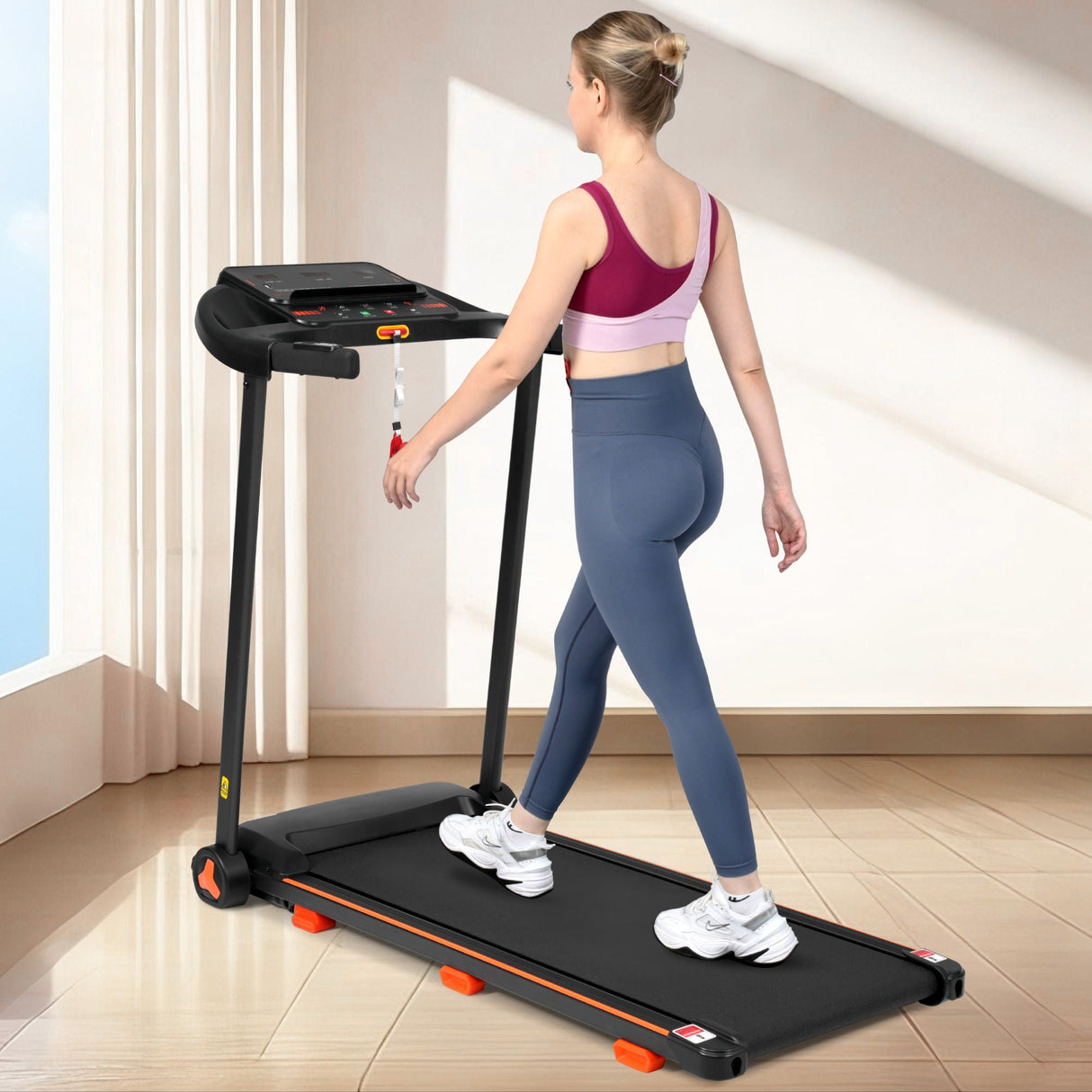 2.5Hp Quiet Folding Treadmill With Heart Rate Sensor, 300Lbs Weight Capacity, With USB Charge Station For Android & Bluetooth Speaker, 6 Shock Absorbing - Black