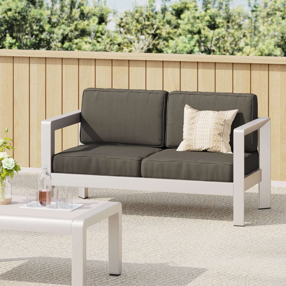Outdoor Aluminum Loveseat with Deep Cushions - Silver