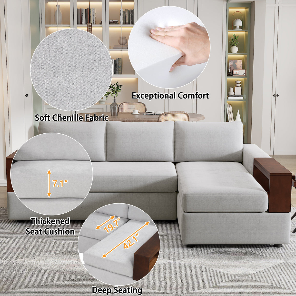 87.4' Sectional Sofa with Reversible Armrests Gray Chenille Upholstery