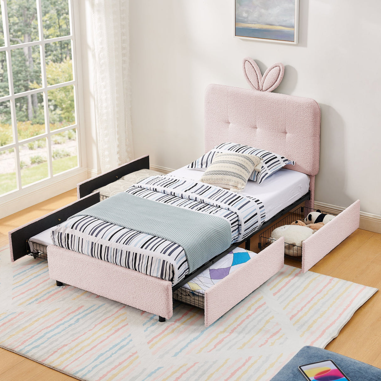 Twin Size Kids Upholstered Bed with Oversized Rabbit Ear Headboard, LED Light & 4 Storage Drawers, Boucle Fabric (79.5''X40.75''X41'')