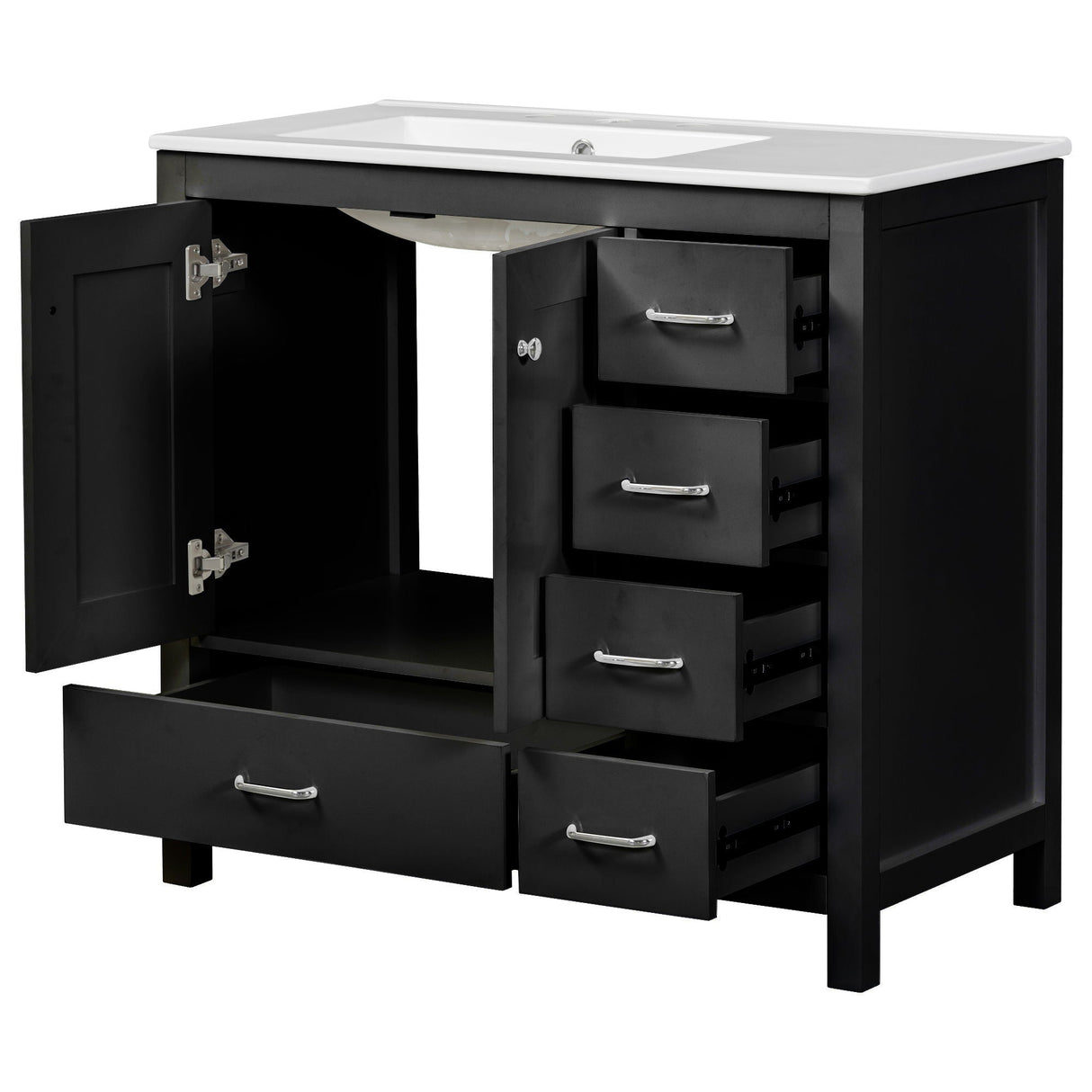 Bathroom Vanity With Ceramic Sink Combo, Abundant Storage Cabinet 2 Soft Close Doors And 5 Drawers