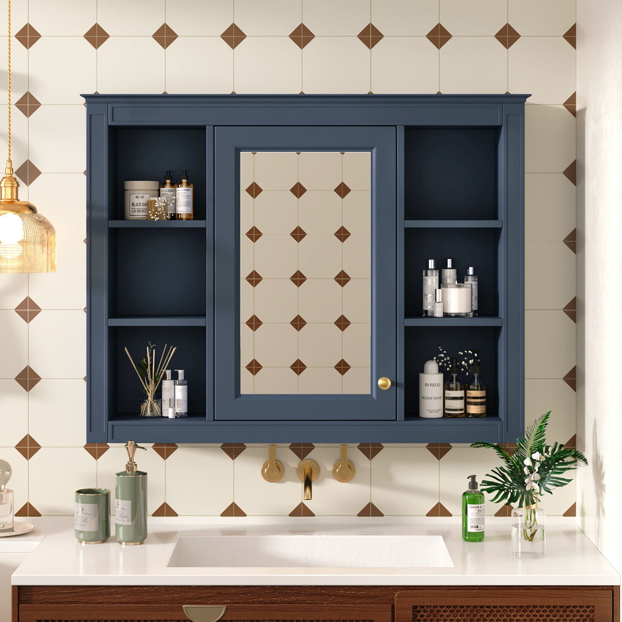 Wall Mounted Medicine Cabinet With Mirror and 6 Open Shelves