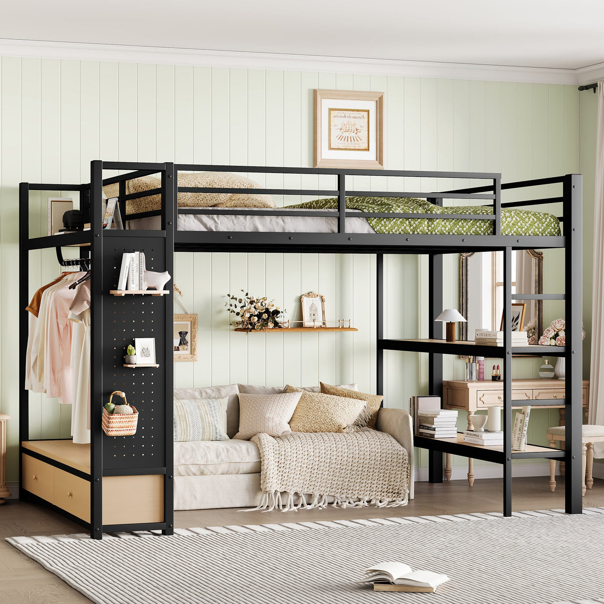 Queen Size Metal Loft Bed Frame with Wardrobe