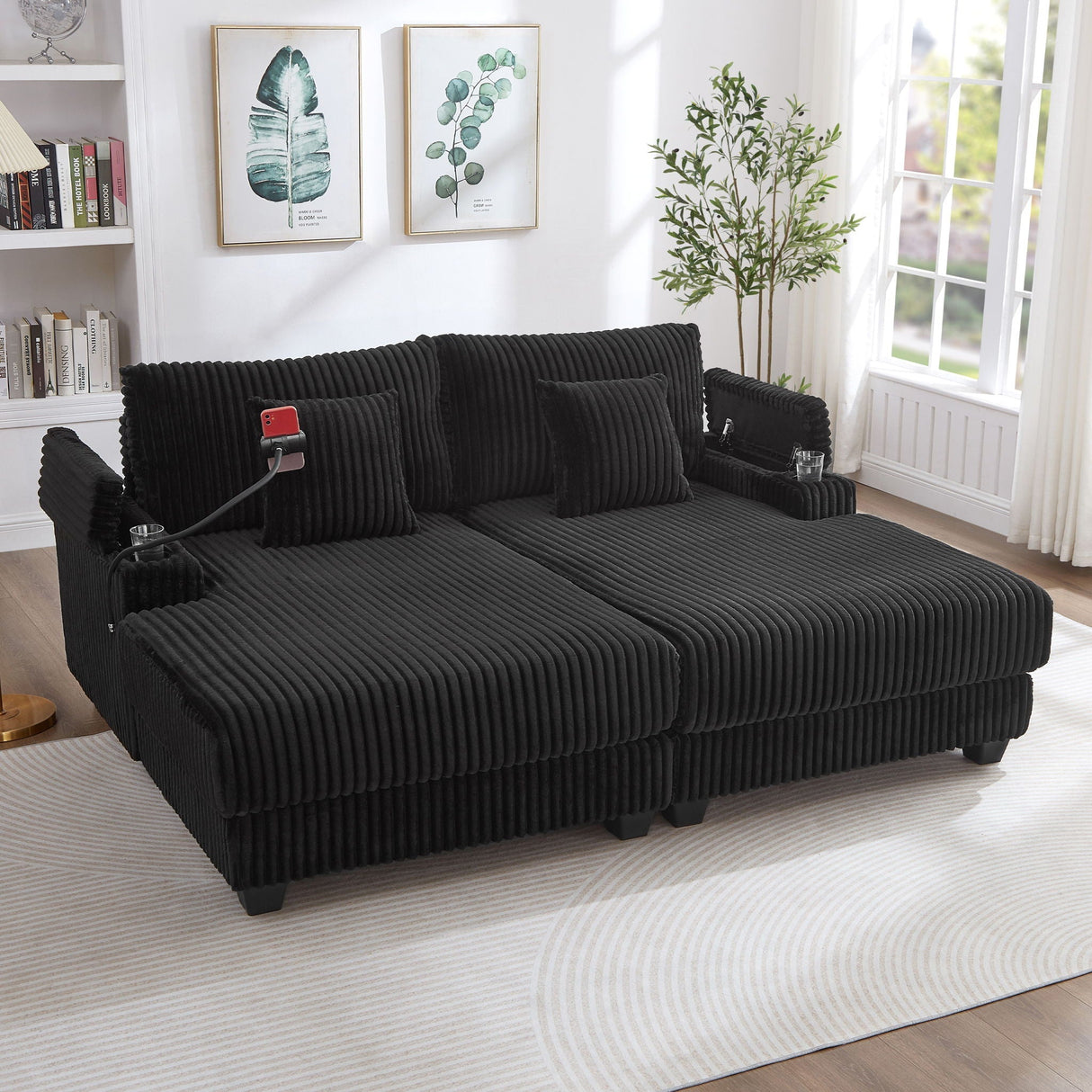 Modern Chaise Sofa With Adjustable Backrest, Cup Holders, Phone Holder & Storage Compartments