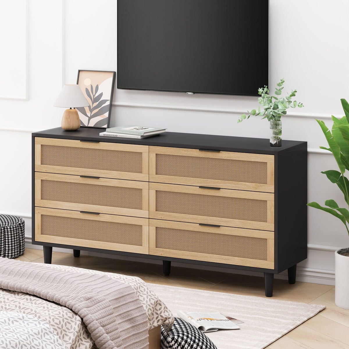 6 Drawer Storage Cabinet with Modern Rattan Drawers - Light Brown, Black, or White