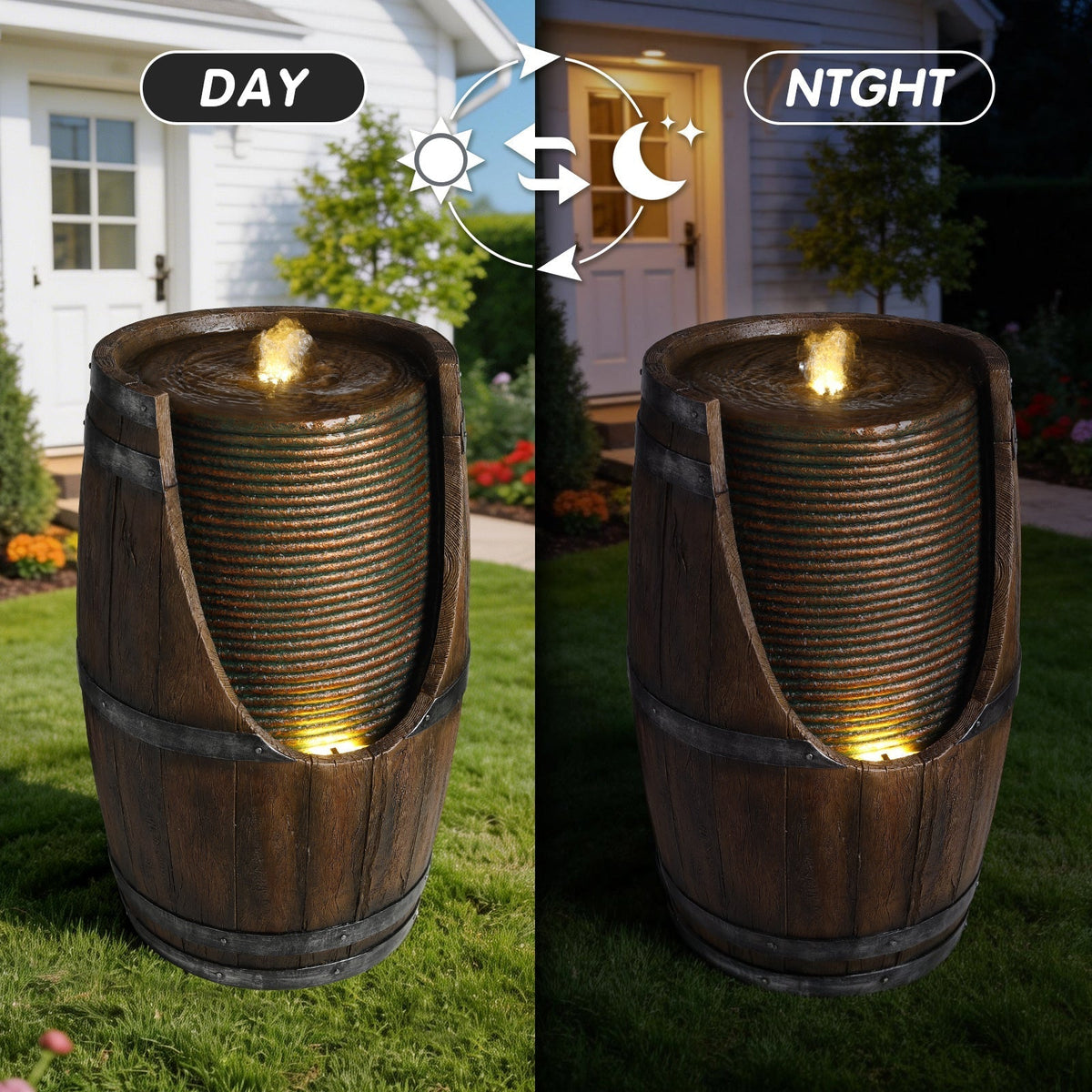 Outdoor Barrel Water Fountain with Lights Rustic Wood Look Resin Handmade Waterfall Garden Decor for Patio Yard Porch