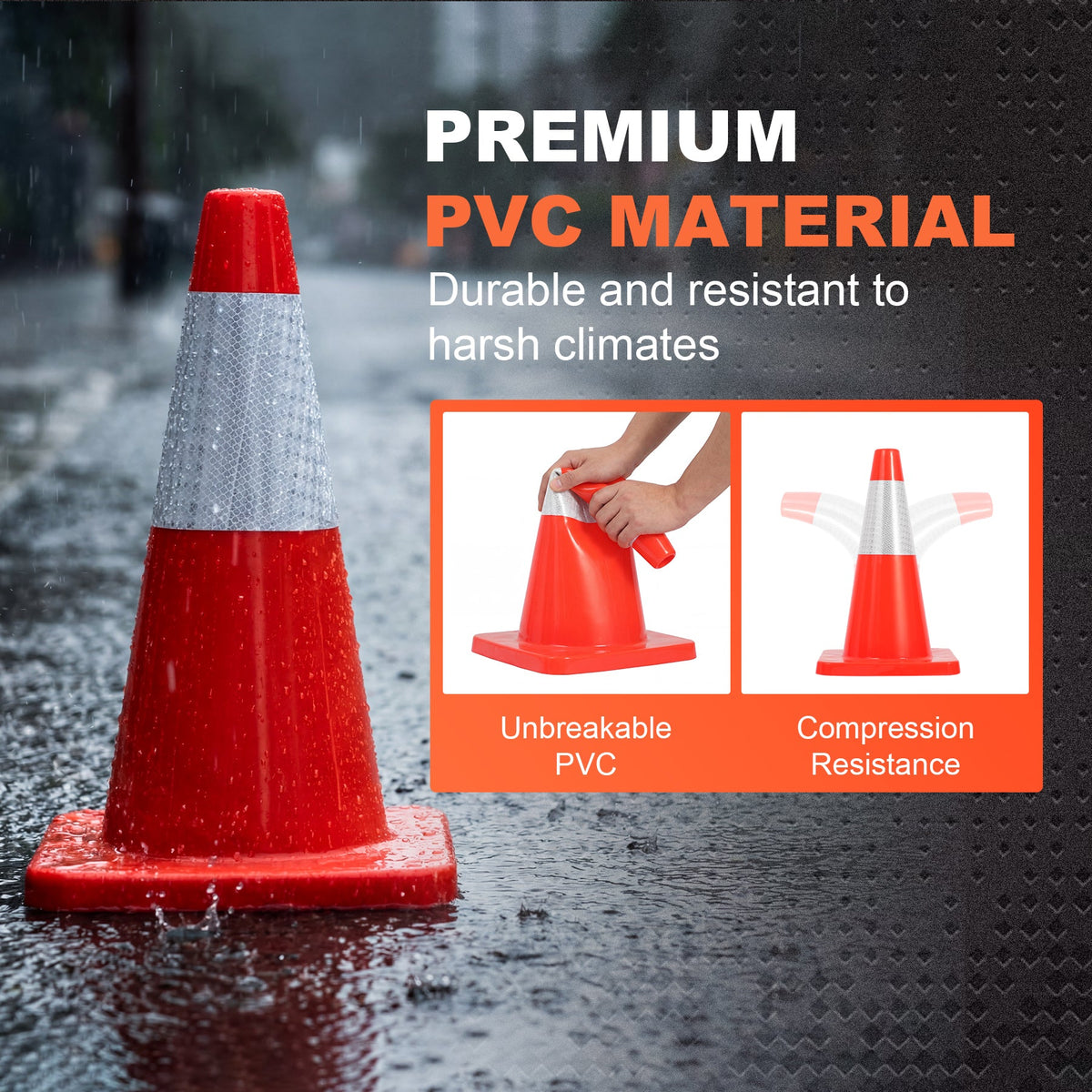 18-Inch Traffic Safety Cones, 2-Pack, PVC Road Cones with Reflective Collar