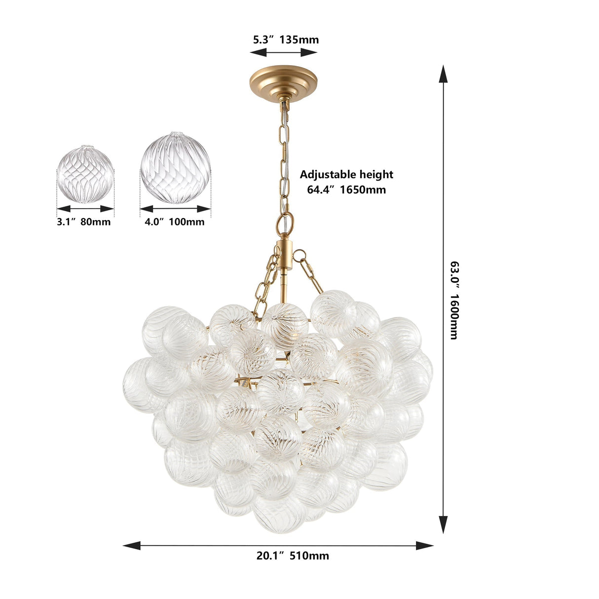 20-Inch Gold Pendant Light Chandelier with Threaded Clear Glass Globe Shade