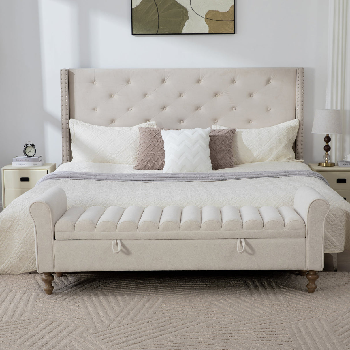 65.55' Wide Modern Upholstered Storage Bench with Rolled Armrest