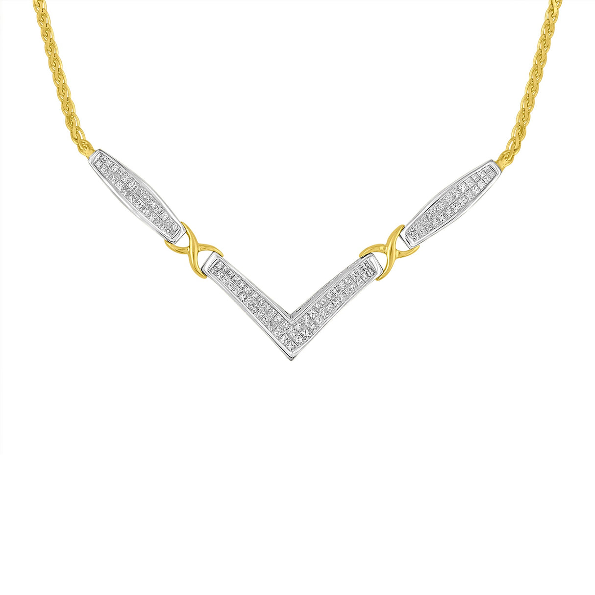 14K Yellow and White Gold 2.0 Cttw Princess Cut Diamond Flared and X-Station V Shaped 18†Franco Chain Statement Necklace (H-I Color, SI2-I1 Clarity)