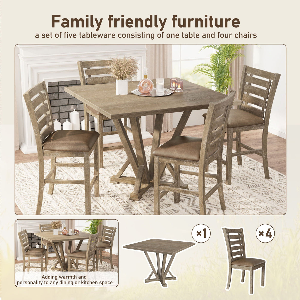 Dining Counter Height Chairs Modern Farmhouse Rustic Look Distressed Design Ladderback Solid Wood (Set of 2) - Grayish Brown