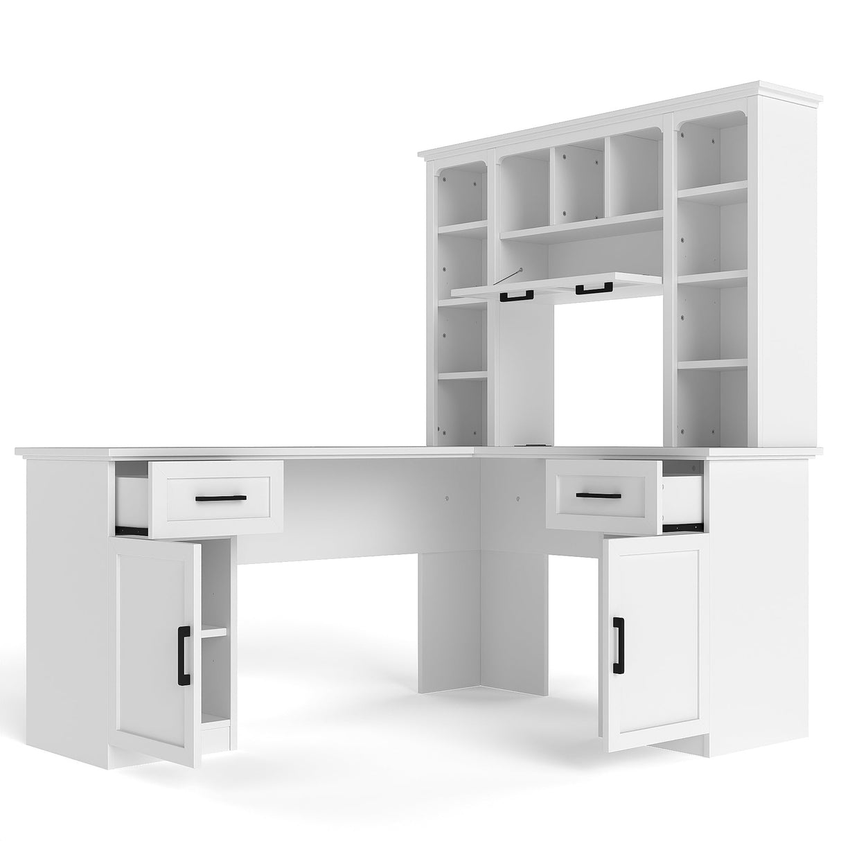L-Shaped Computer Desk with 2 Cabinets and 2 Drawers
