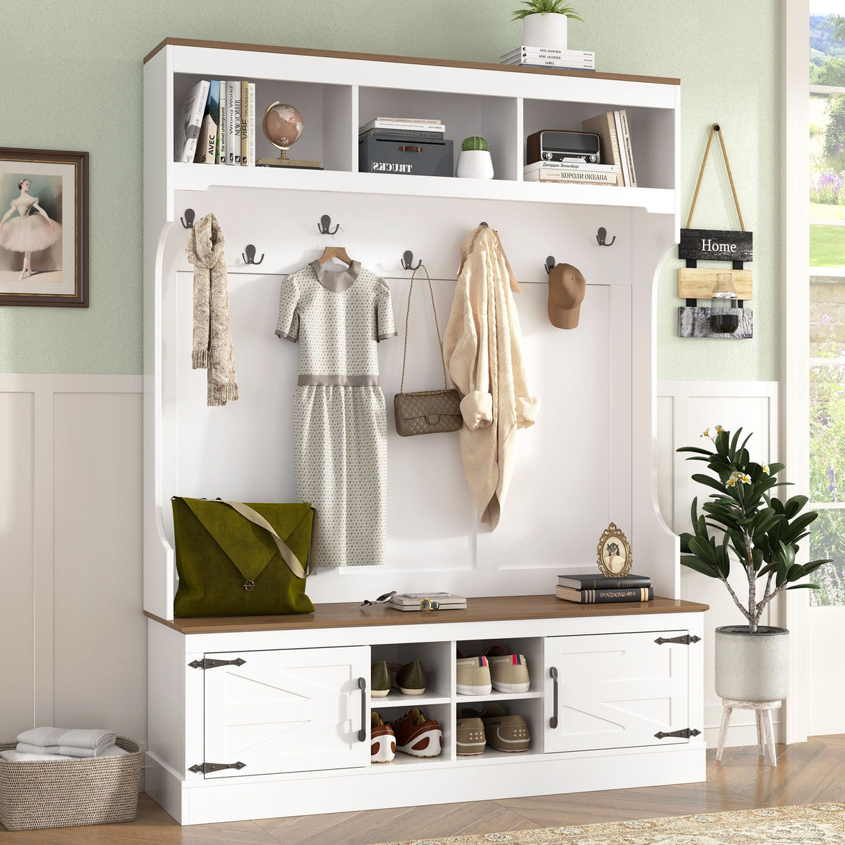 Hall Tree With Bench And Shoe Storage, 5 In 1 Entryway Organizer