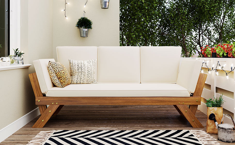 Topmax Outdoor Adjustable Patio Wooden Daybed Sofa Chaise Lounge with Cushions