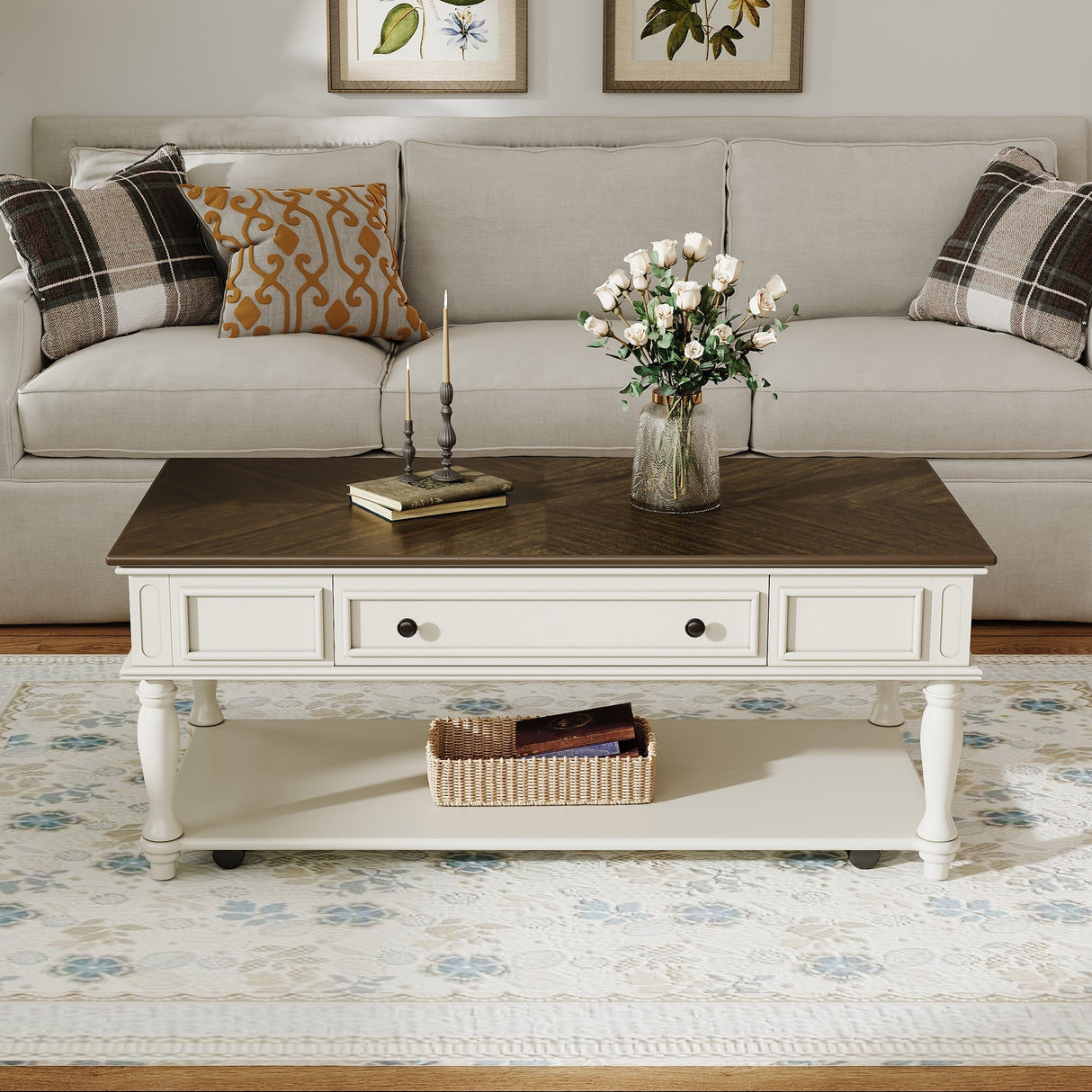 Farmhouse Coffee Table with One DrawerGrey+White