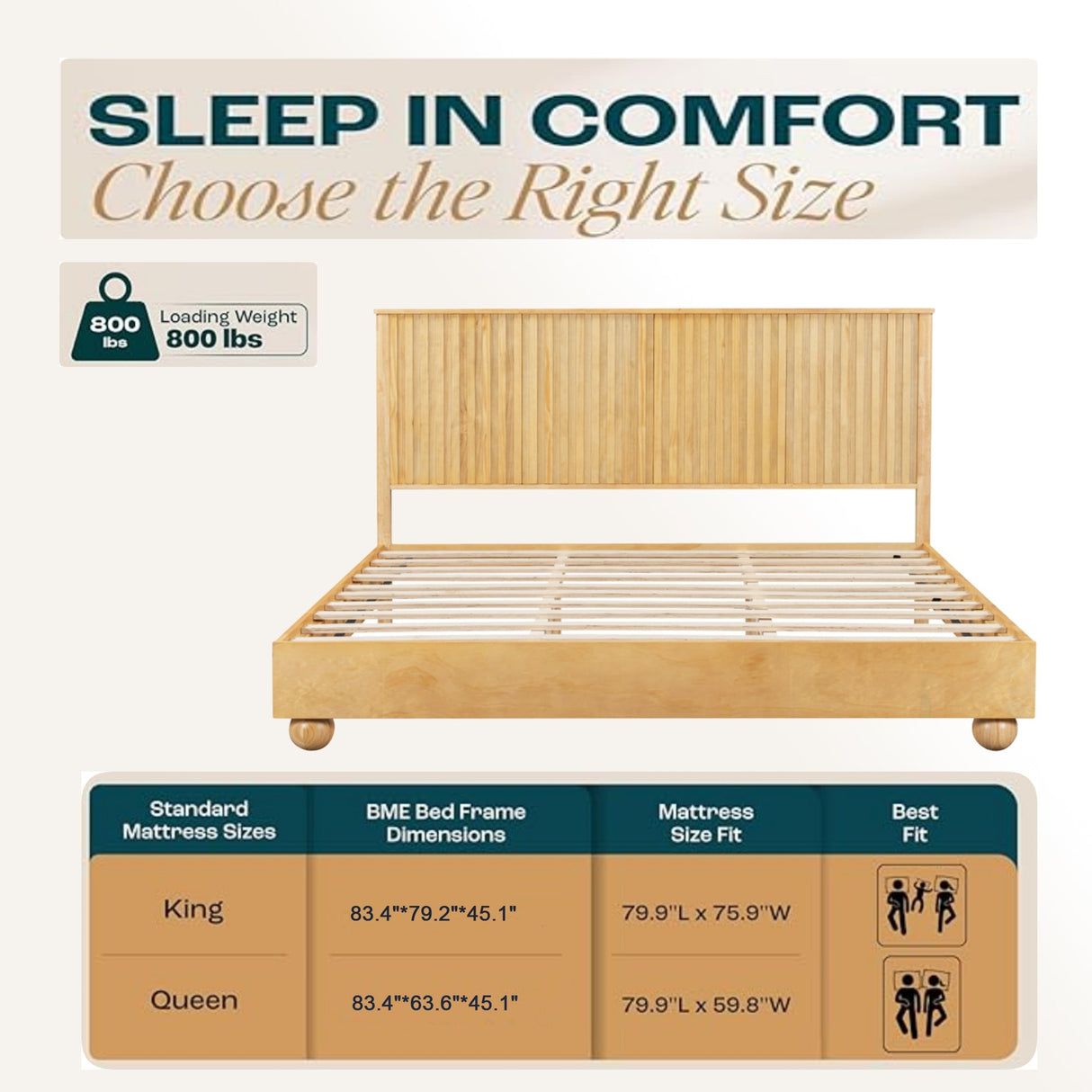 Natural Queen Size Wood Bed Frame With Reeded Headboard