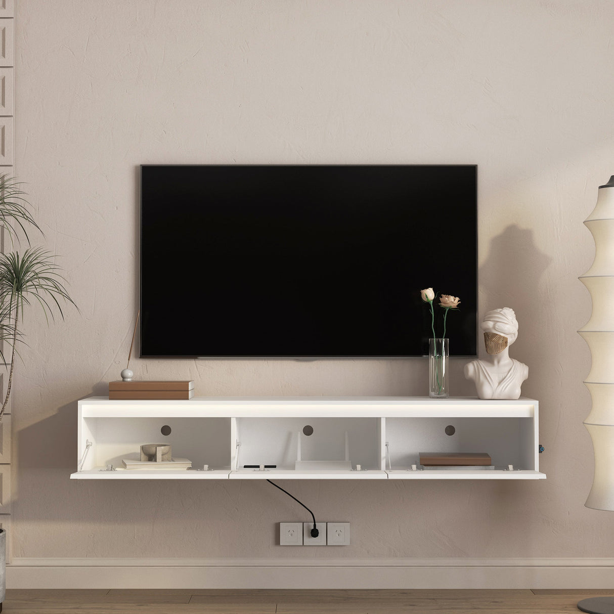 High-Gloss Suspended TV Cabinet with LED Lights