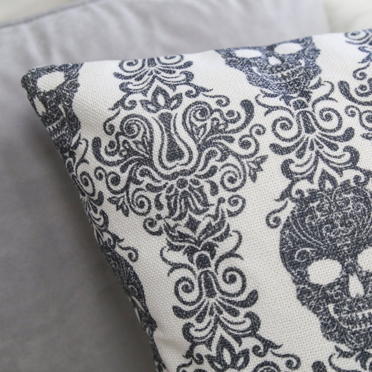 Gothic Damask Skull Throw Pillow Cover with Hidden Zipper - Black & White Cotton Linen